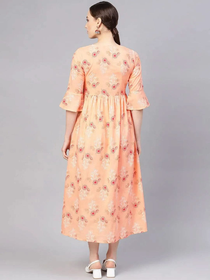 Orange Printed Cotton Dress - Libas