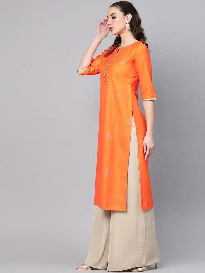 Orange Printed Cotton Kurta - Libas