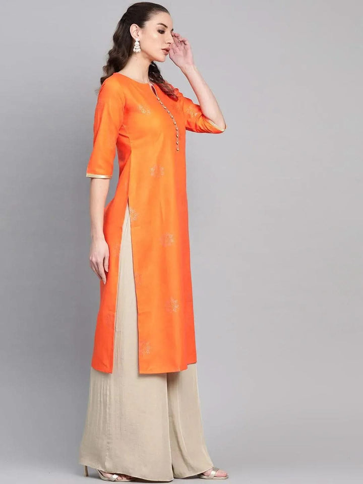 Orange Printed Cotton Kurta - Libas