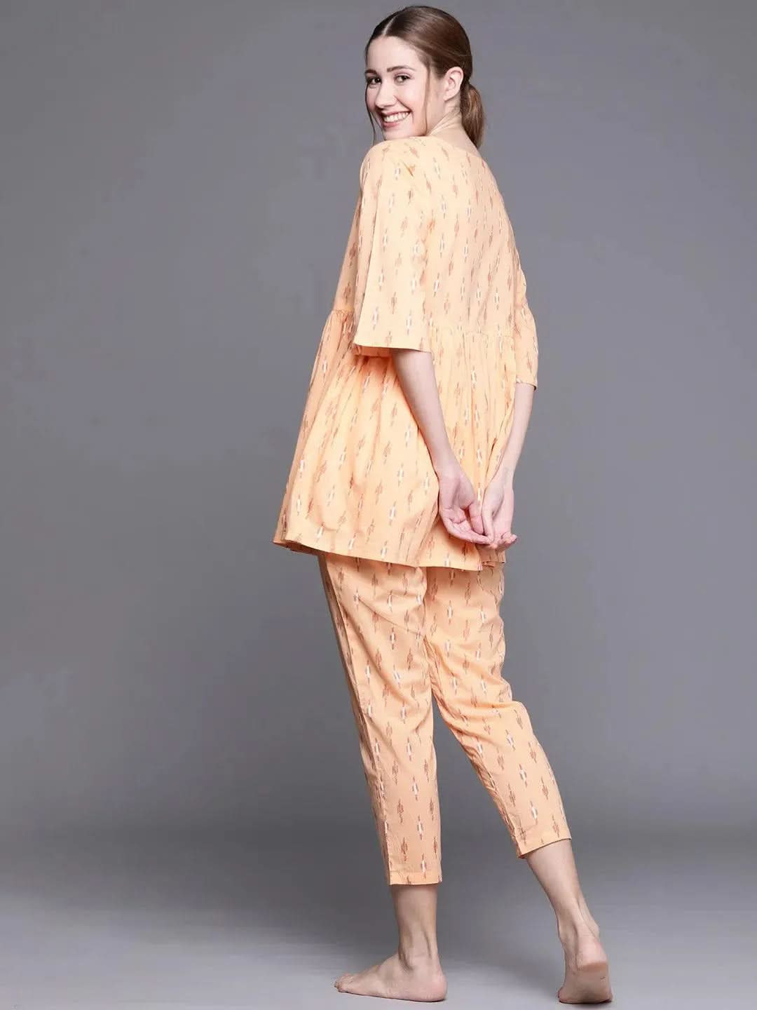 Orange Printed Cotton Night Suit - Libas