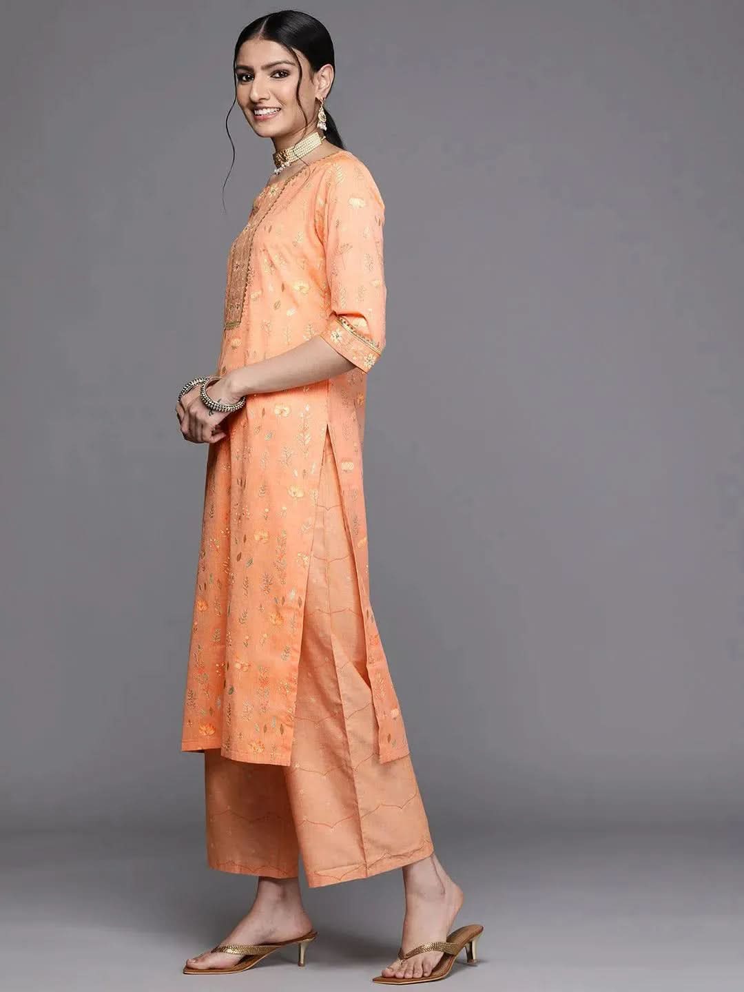 Orange Printed Cotton Silk Kurta - Libas