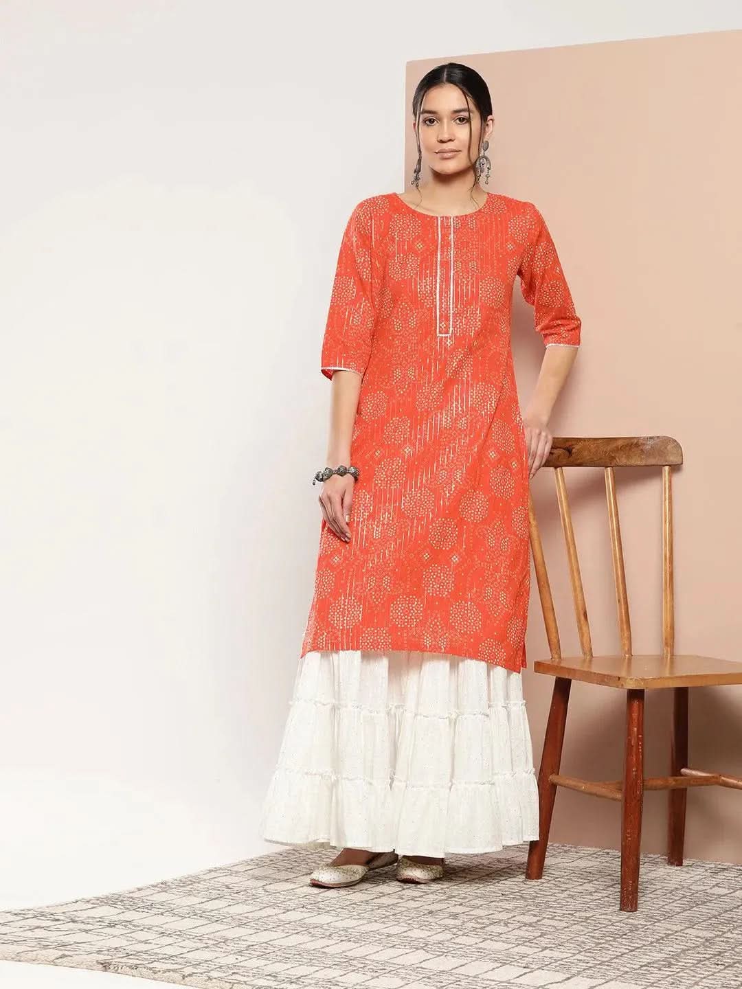 Orange Printed Cotton Straight Kurta - Libas
