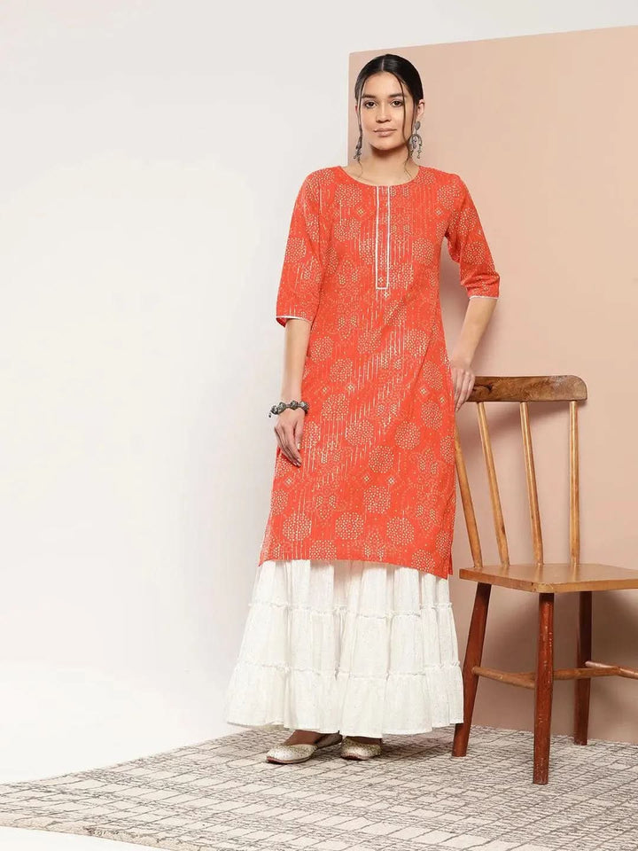 Orange Printed Cotton Straight Kurta - Libas