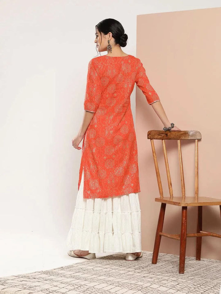 Orange Printed Cotton Straight Kurta - Libas