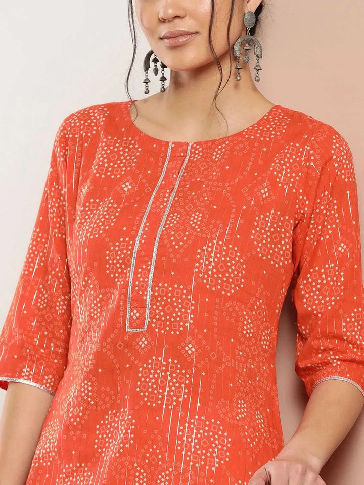 Orange Printed Cotton Straight Kurta - Libas