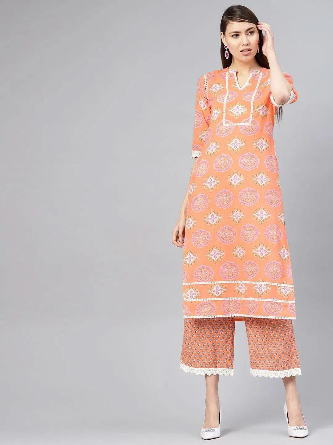 Orange Printed Cotton Kurta Set - Libas