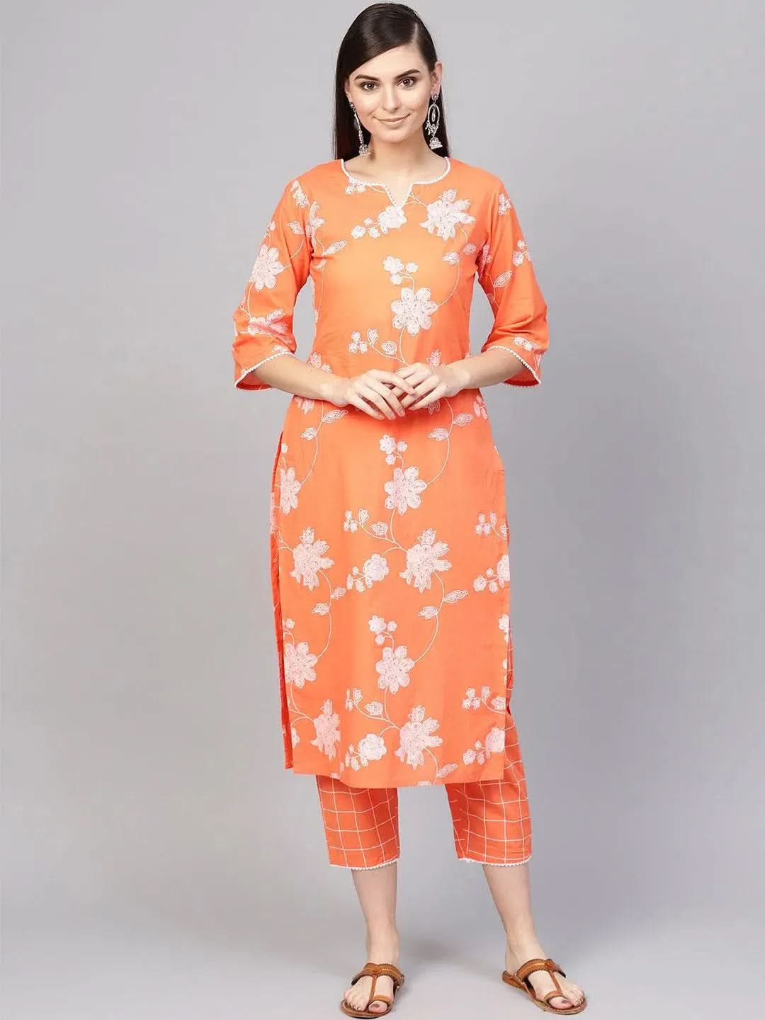 Orange Printed Cotton Kurta Set - Libas