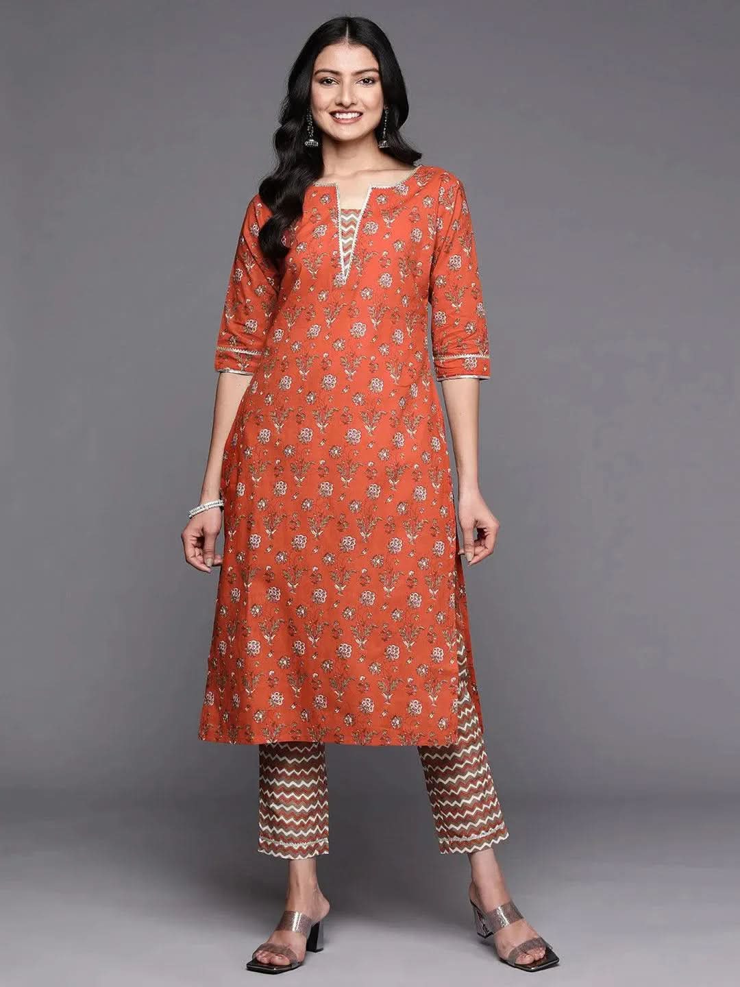 Orange Printed Cotton Straight Kurta Set With Trousers - Libas