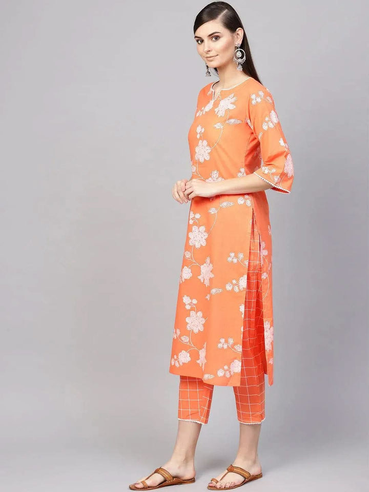 Orange Printed Cotton Kurta Set - Libas