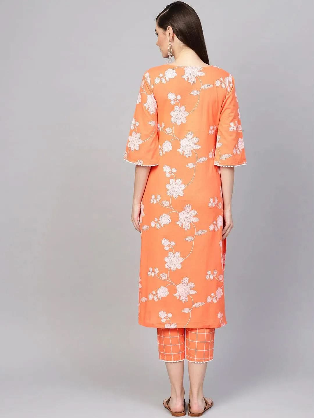 Orange Printed Cotton Kurta Set - Libas