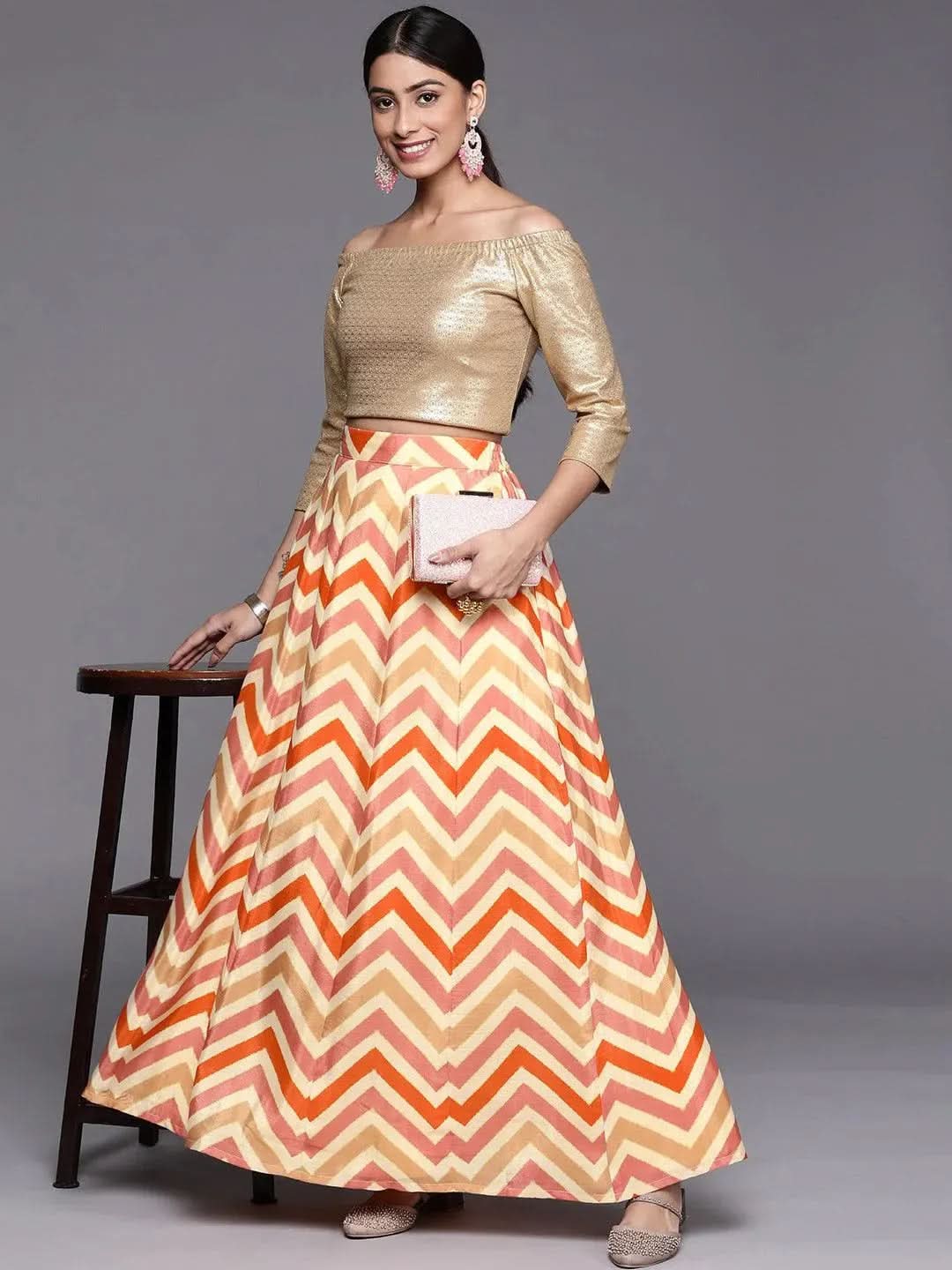 Orange Printed Crepe Skirt - Libas