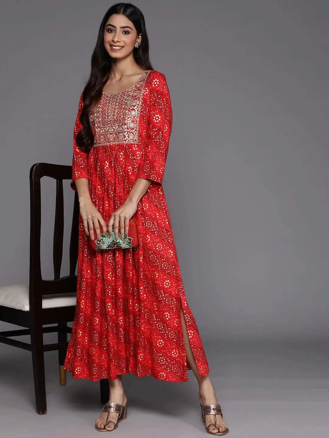 Orange Printed Fit and Flare Rayon Dress - Libas