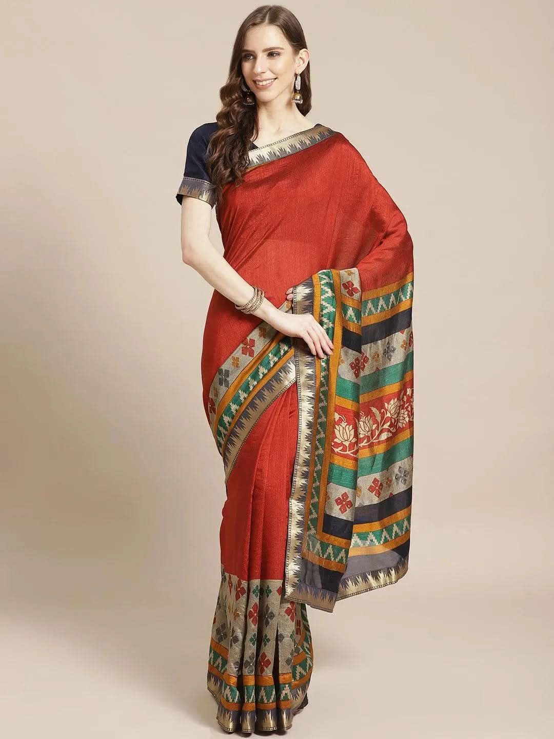 Orange Printed Polyester Saree - Libas