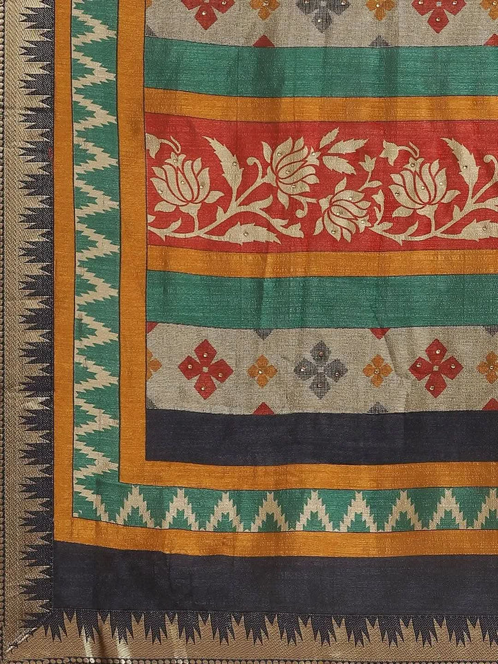 Orange Printed Polyester Saree - Libas