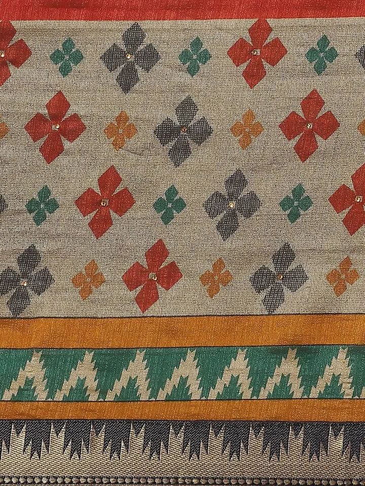 Orange Printed Polyester Saree - Libas