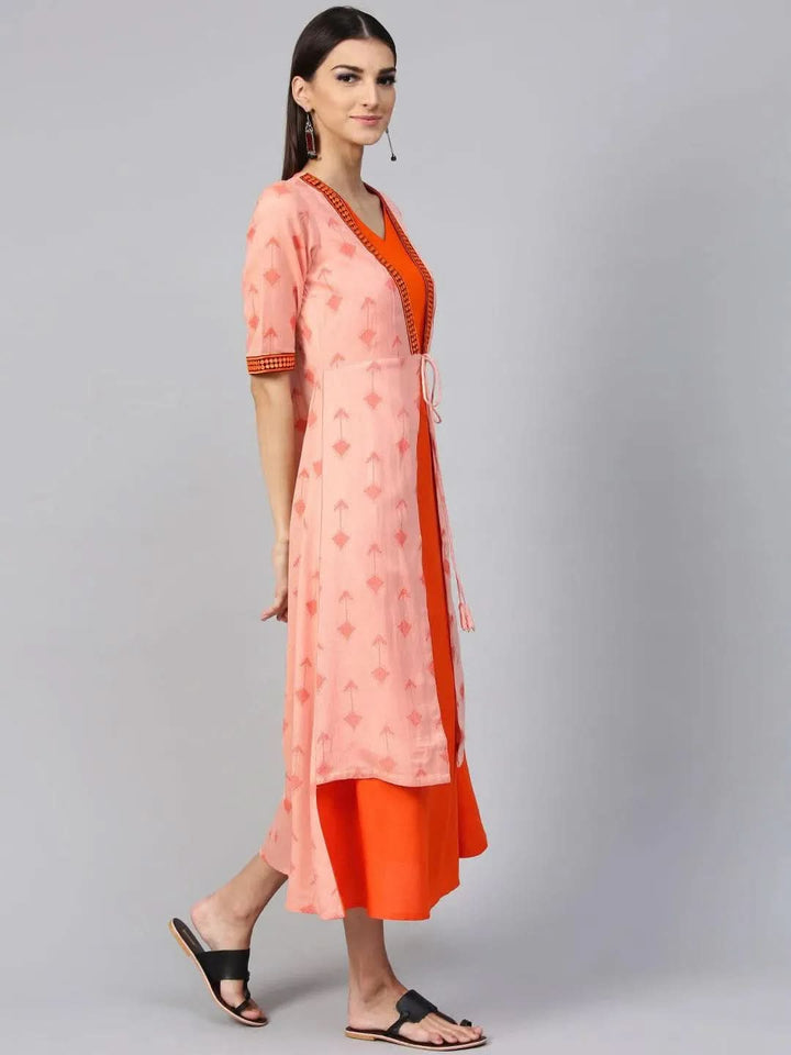 Orange Printed Rayon Dress With Jacket - Libas