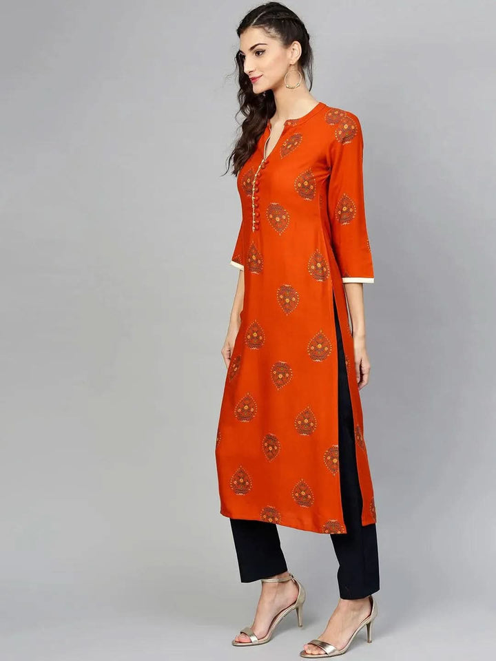 Orange Printed Rayon Kurta - Libas