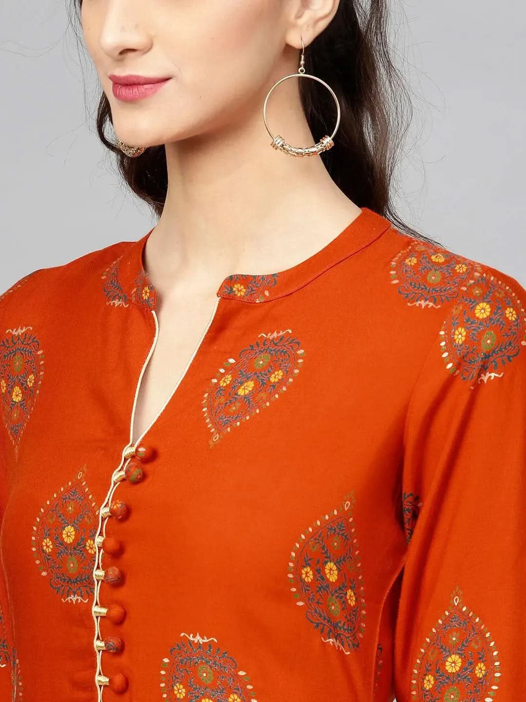 Orange Printed Rayon Kurta - Libas