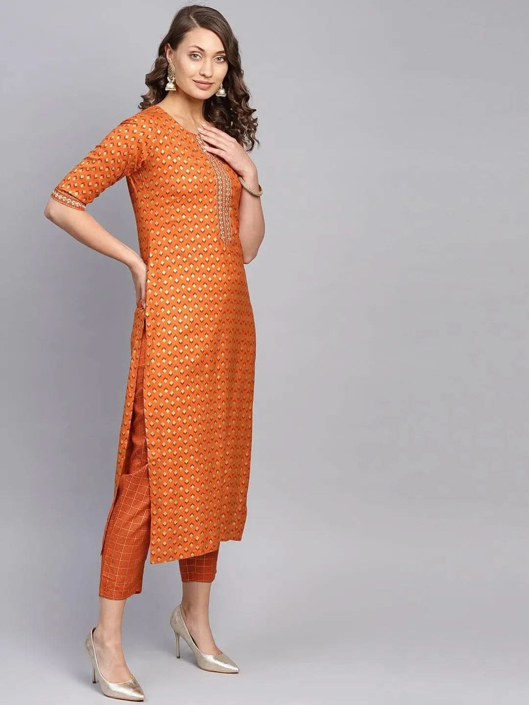 Orange Printed Rayon Kurta Set - Libas