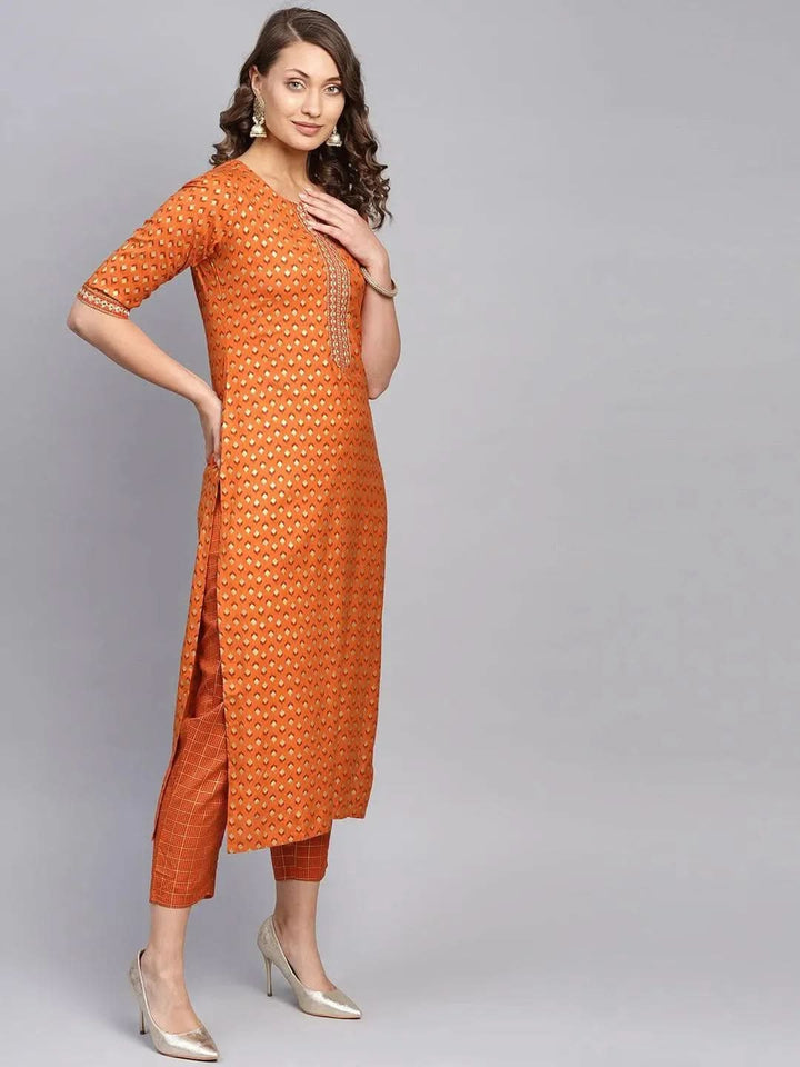 Orange Printed Rayon Kurta Set - Libas