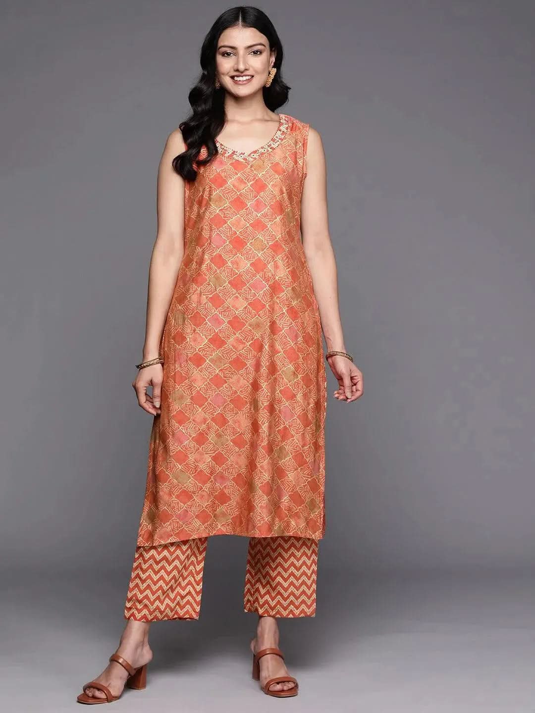 Orange Printed Silk Blend Straight Kurta Set With Trousers - Libas