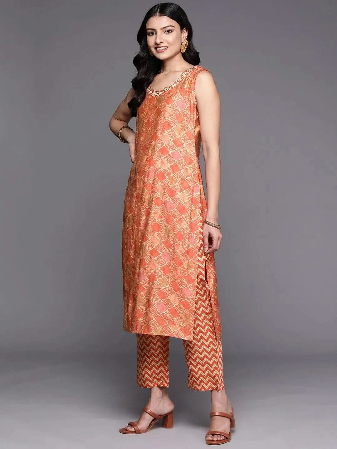 Orange Printed Silk Blend Straight Kurta Set With Trousers - Libas