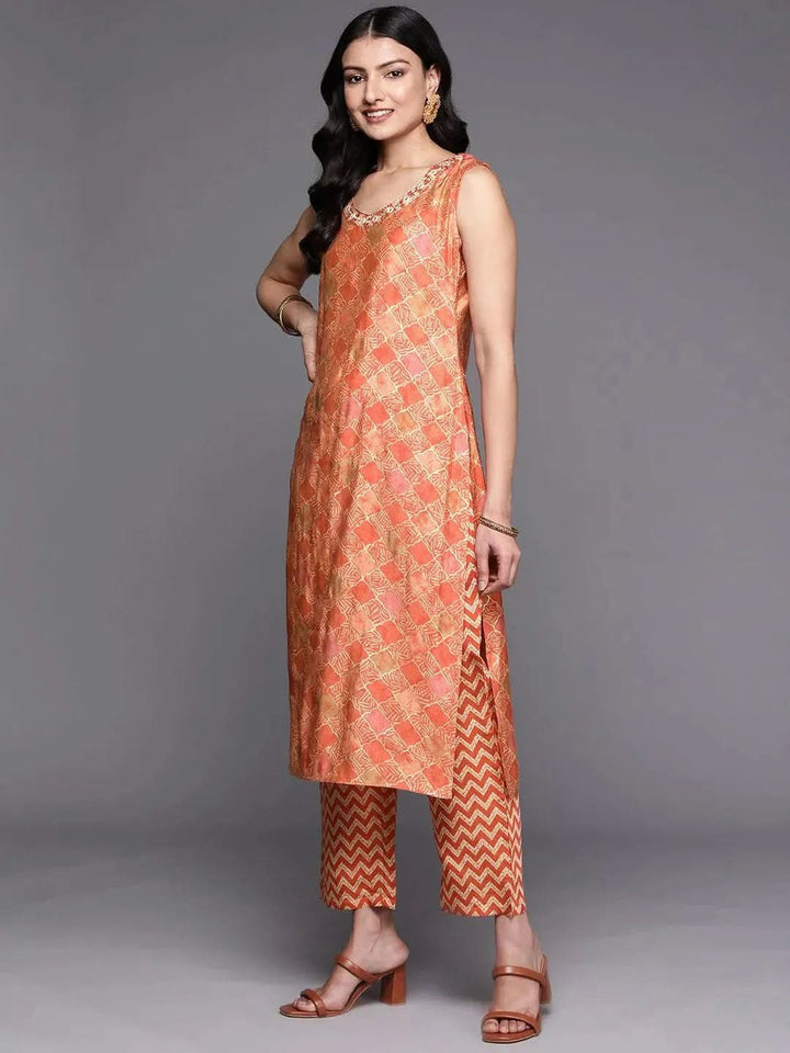 Orange Printed Silk Blend Straight Kurta Set With Trousers - Libas