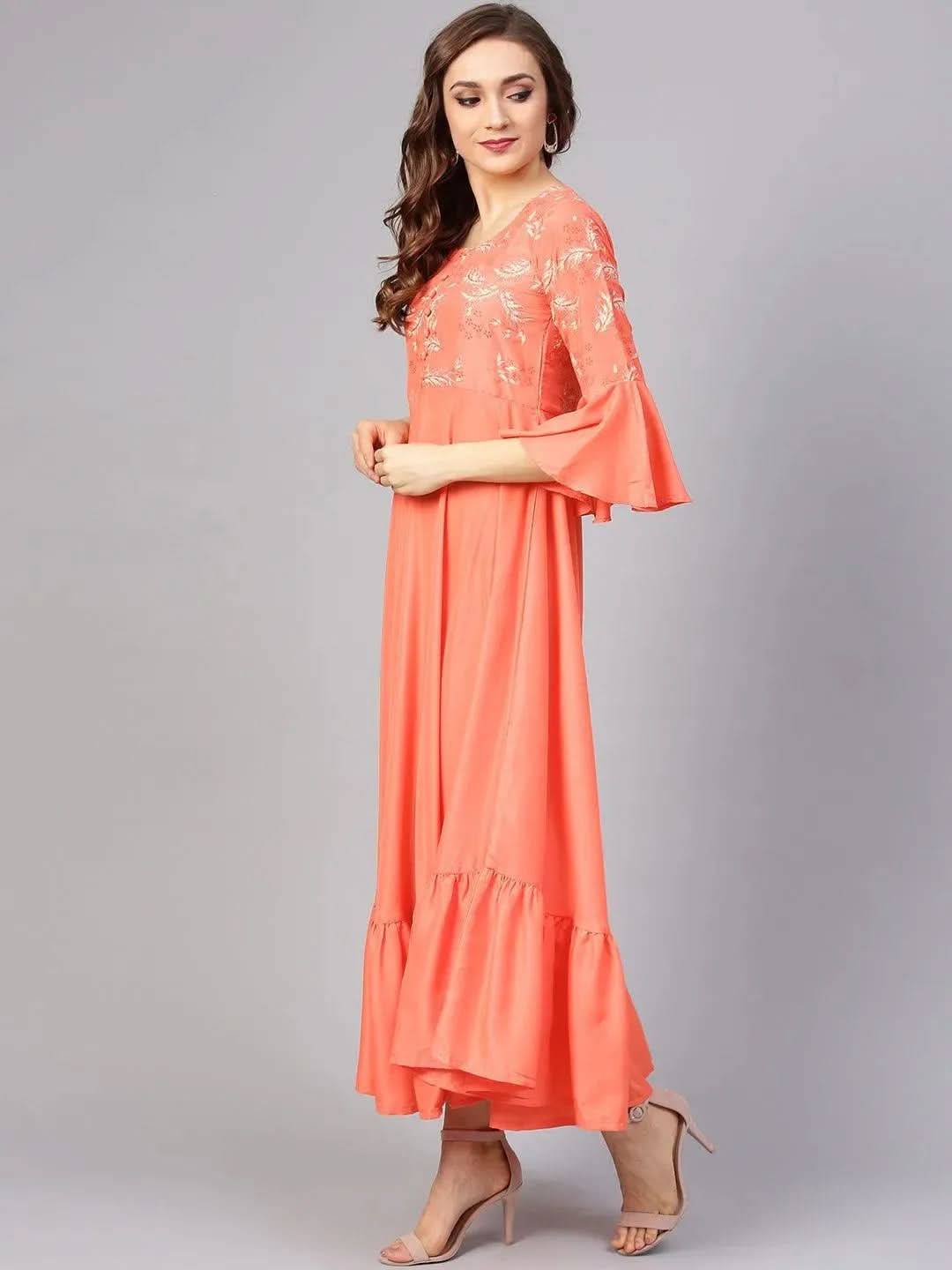 Orange Printed Silk Dress with Stole - Libas
