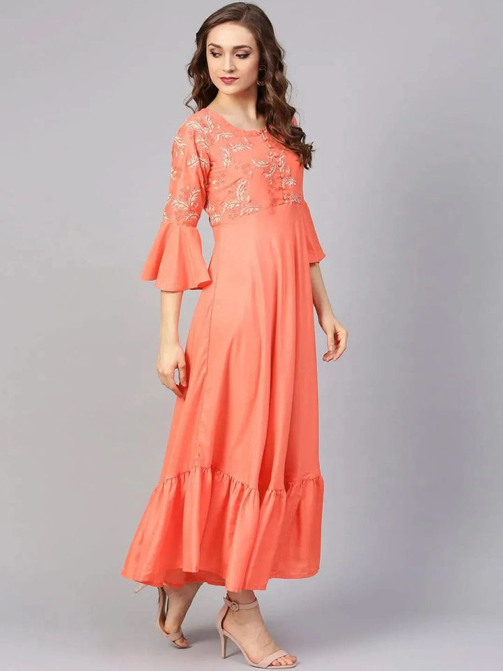 Orange Printed Silk Dress with Stole - Libas