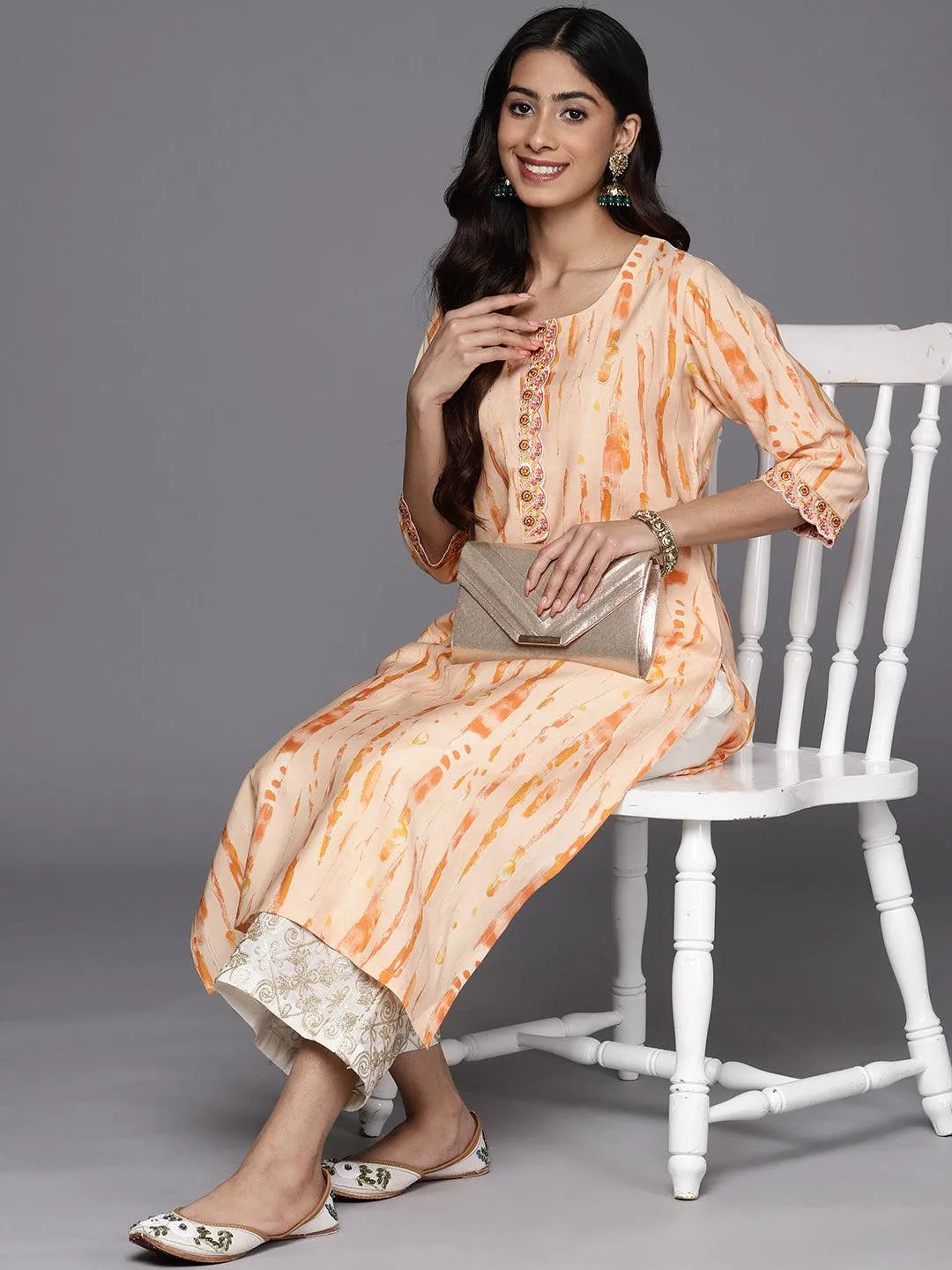 Orange Printed Silk Straight Kurta Online at Rs.759 | Libas