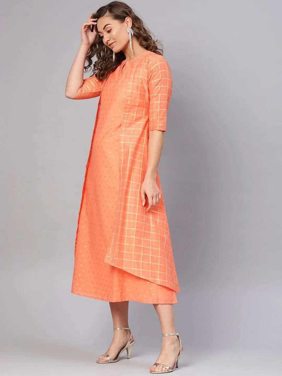 Orange Self Design Chanderi Dress With Jacket - Libas