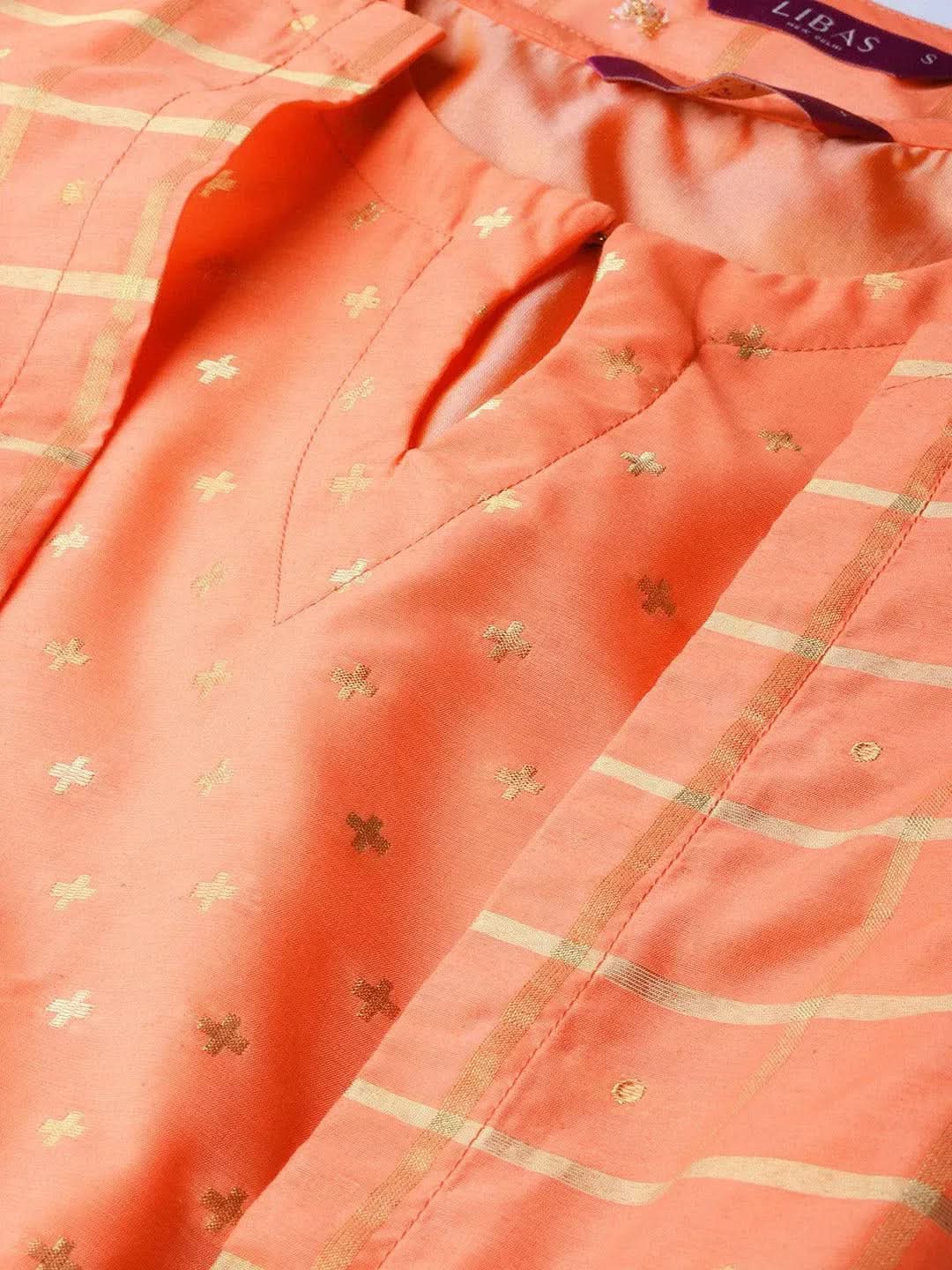 Orange Self Design Chanderi Dress With Jacket - Libas