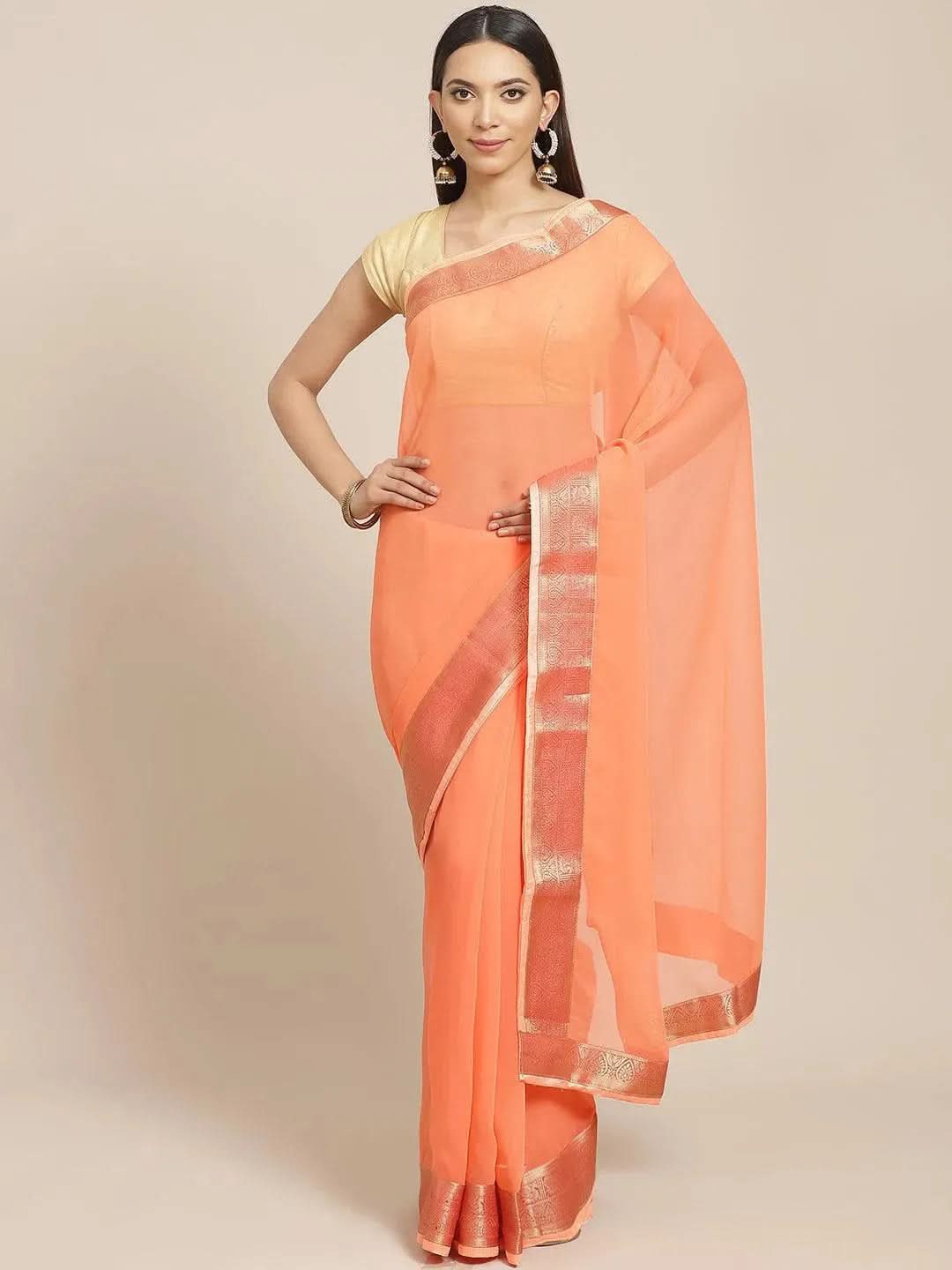 Orange Solid Chiffon Saree - Libas