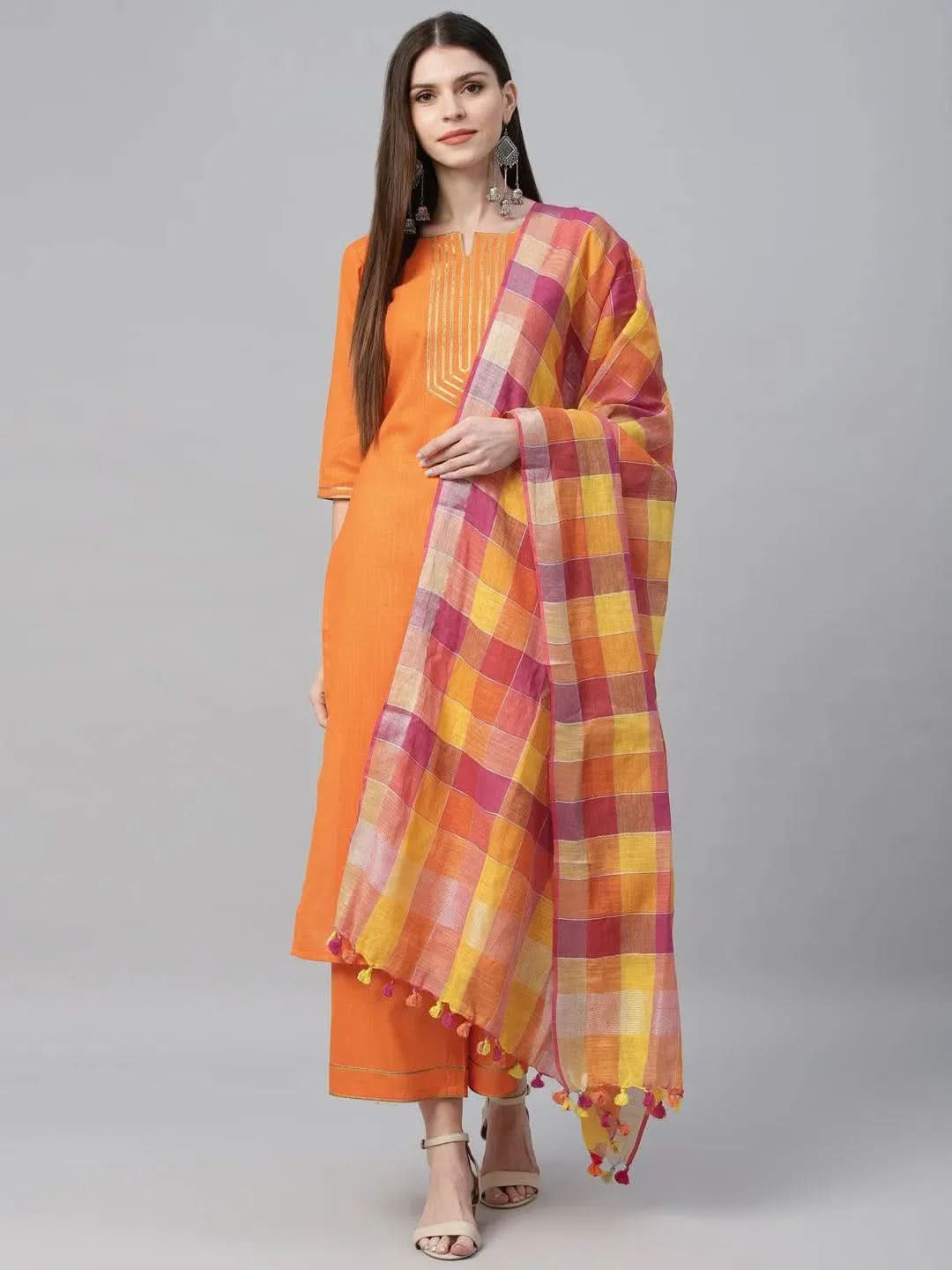 Orange Solid Cotton Suit Set - Libas