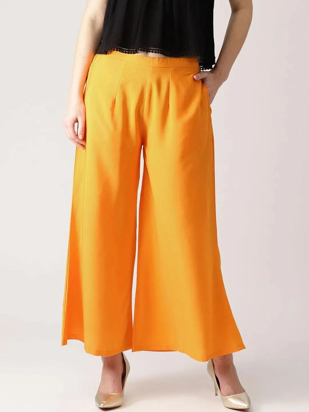 Orange Solid Crepe Palazzos - Libas