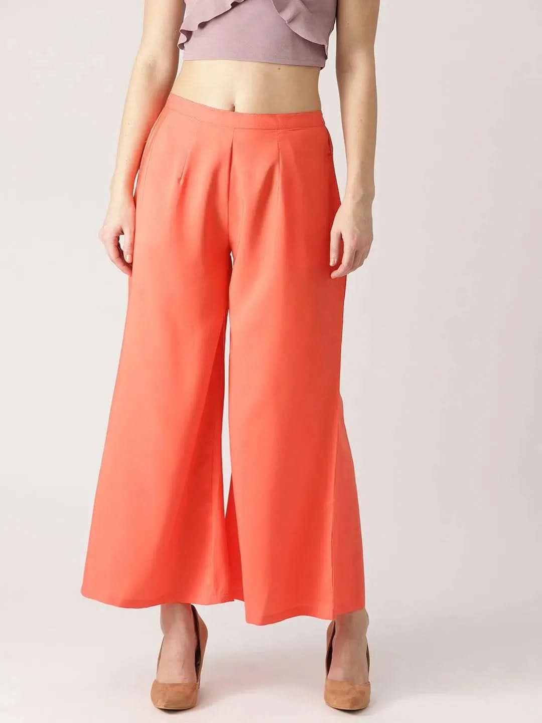 Orange Solid Crepe Palazzos - Libas