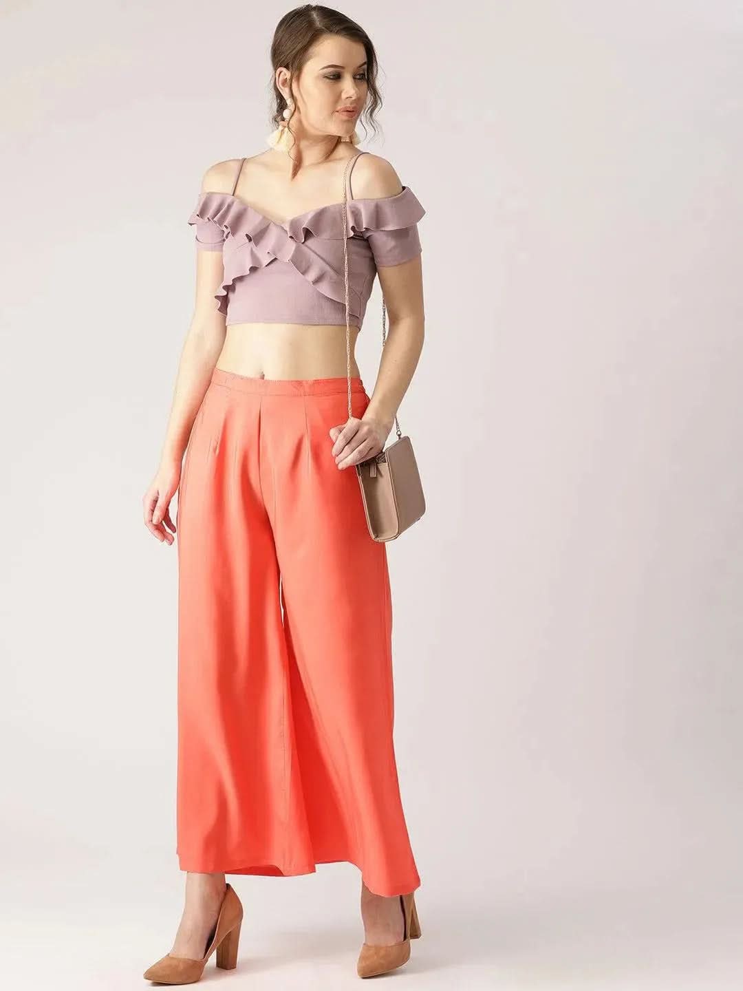 Orange Solid Crepe Palazzos - Libas