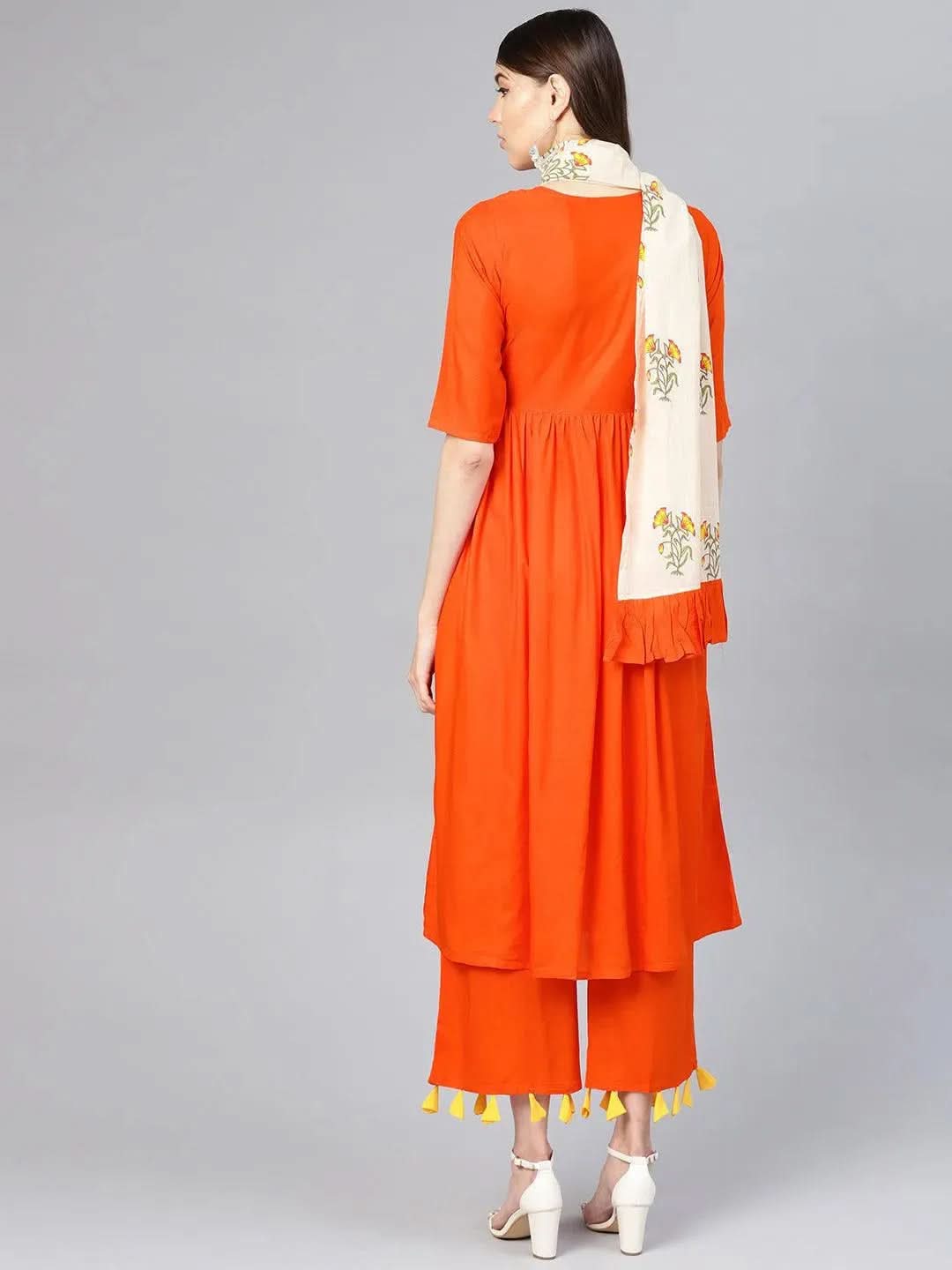 Orange Solid Rayon A-Line Kurta With Palazzos & Stole
Orange Solid Rayon A-Line Kurta With Palazzos & Stole