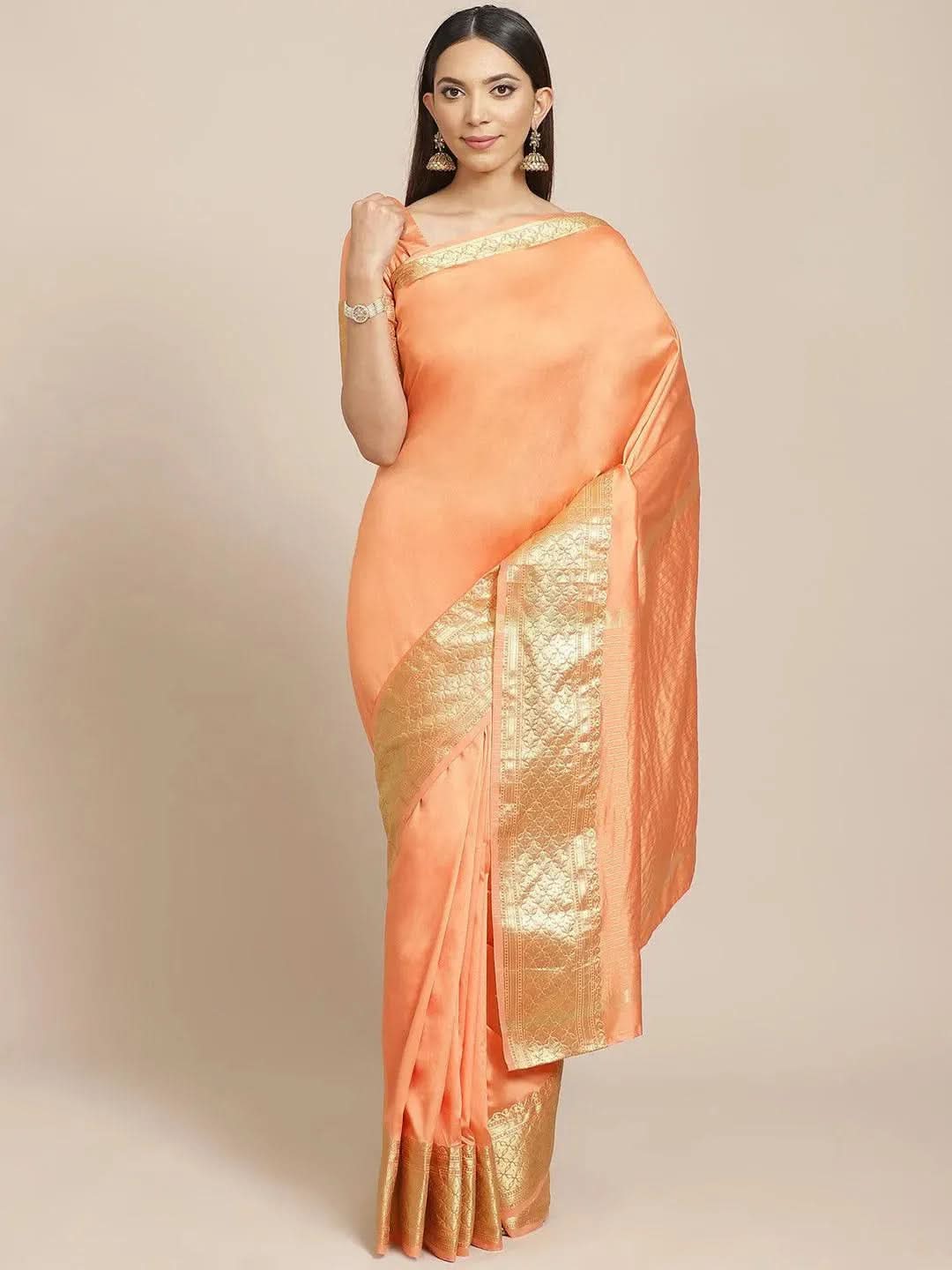 Orange Solid Silk Blend Saree - Libas