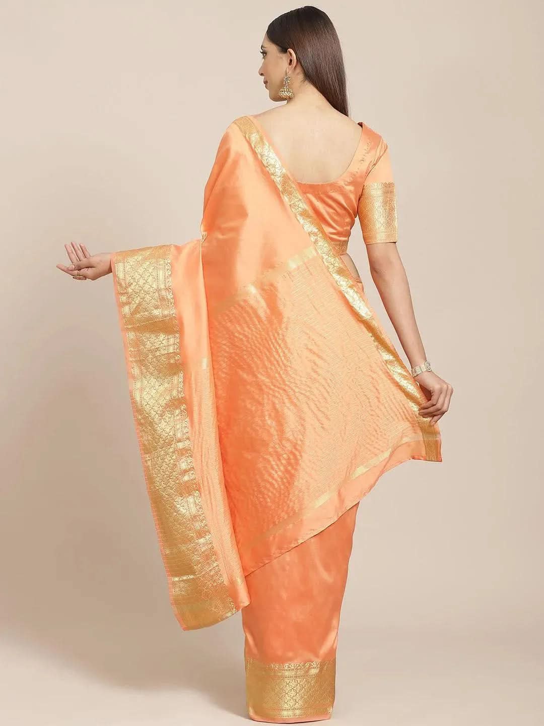 Orange Solid Silk Blend Saree - Libas
