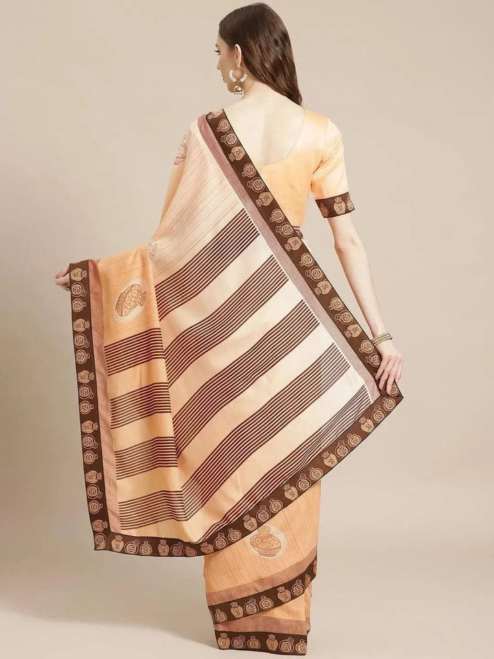 Orange Striped Chiffon Saree - Libas