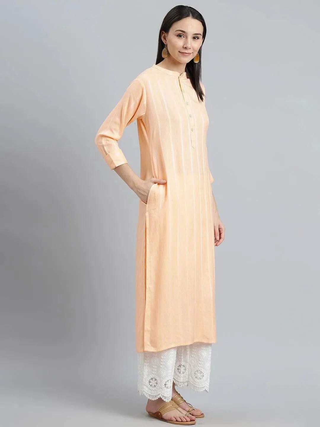 Orange Striped Rayon Kurta - Libas