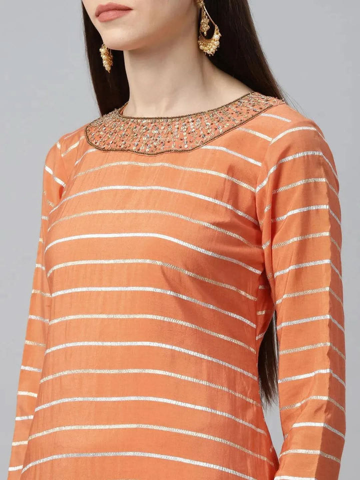 Orange Striped Shantoon Kurta Set - Libas