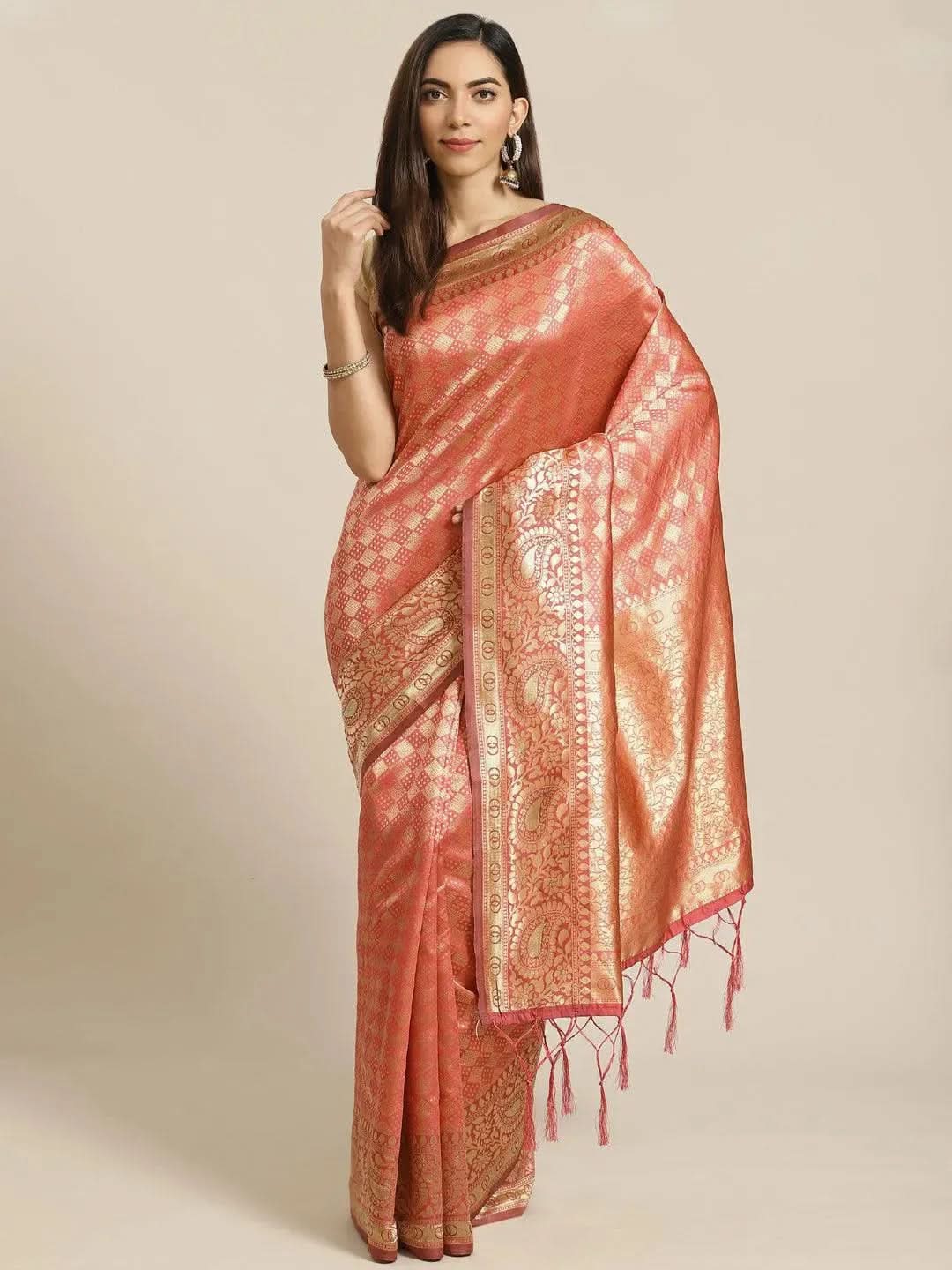 Orange Woven Design Brocade Saree - Libas