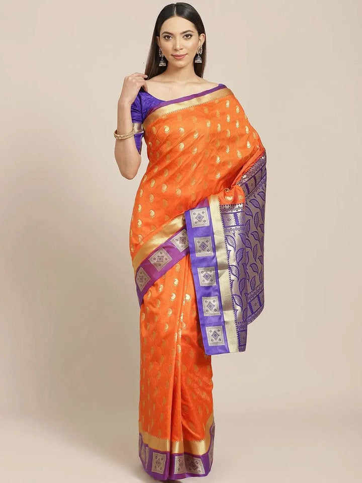 Orange Woven Design Brocade Saree - Libas