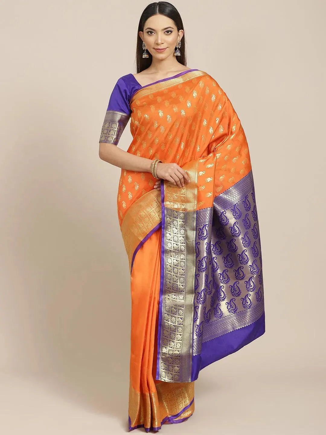 Orange Woven Design Brocade Saree - Libas
