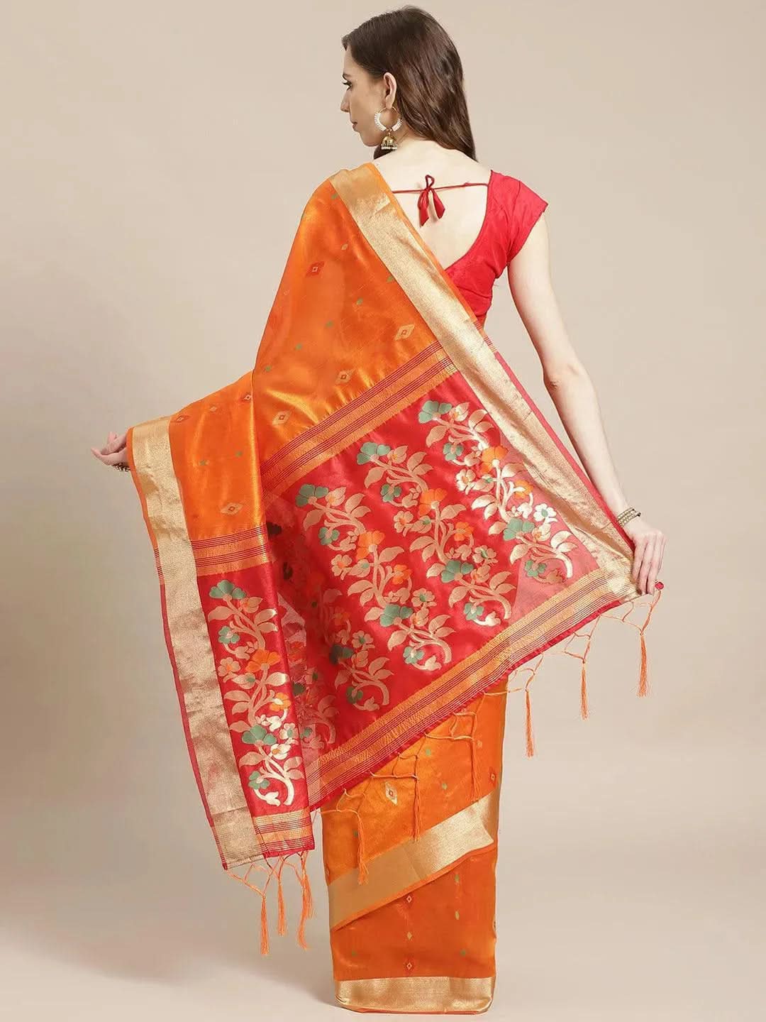 Orange Woven Design Brocade Saree - Libas