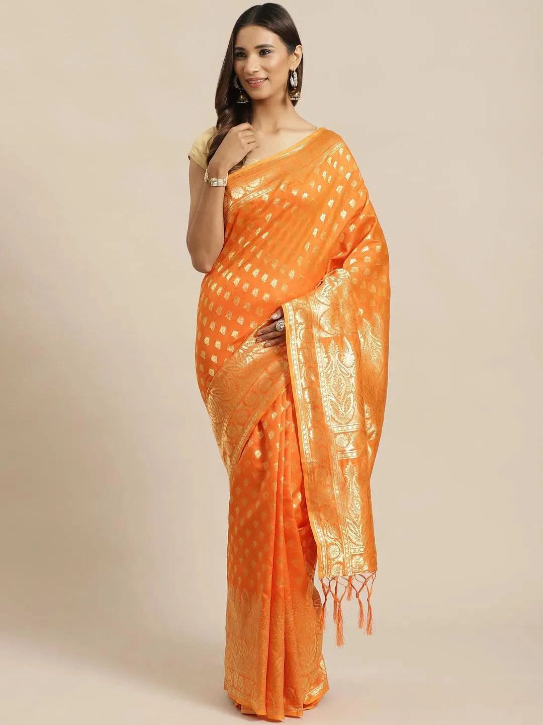 Orange Woven Design Silk Saree - Libas