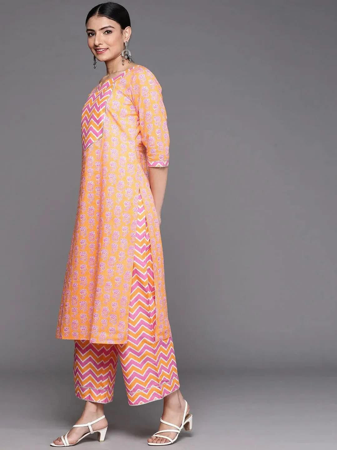 Orange Yoke Design Cotton Kurta - Libas