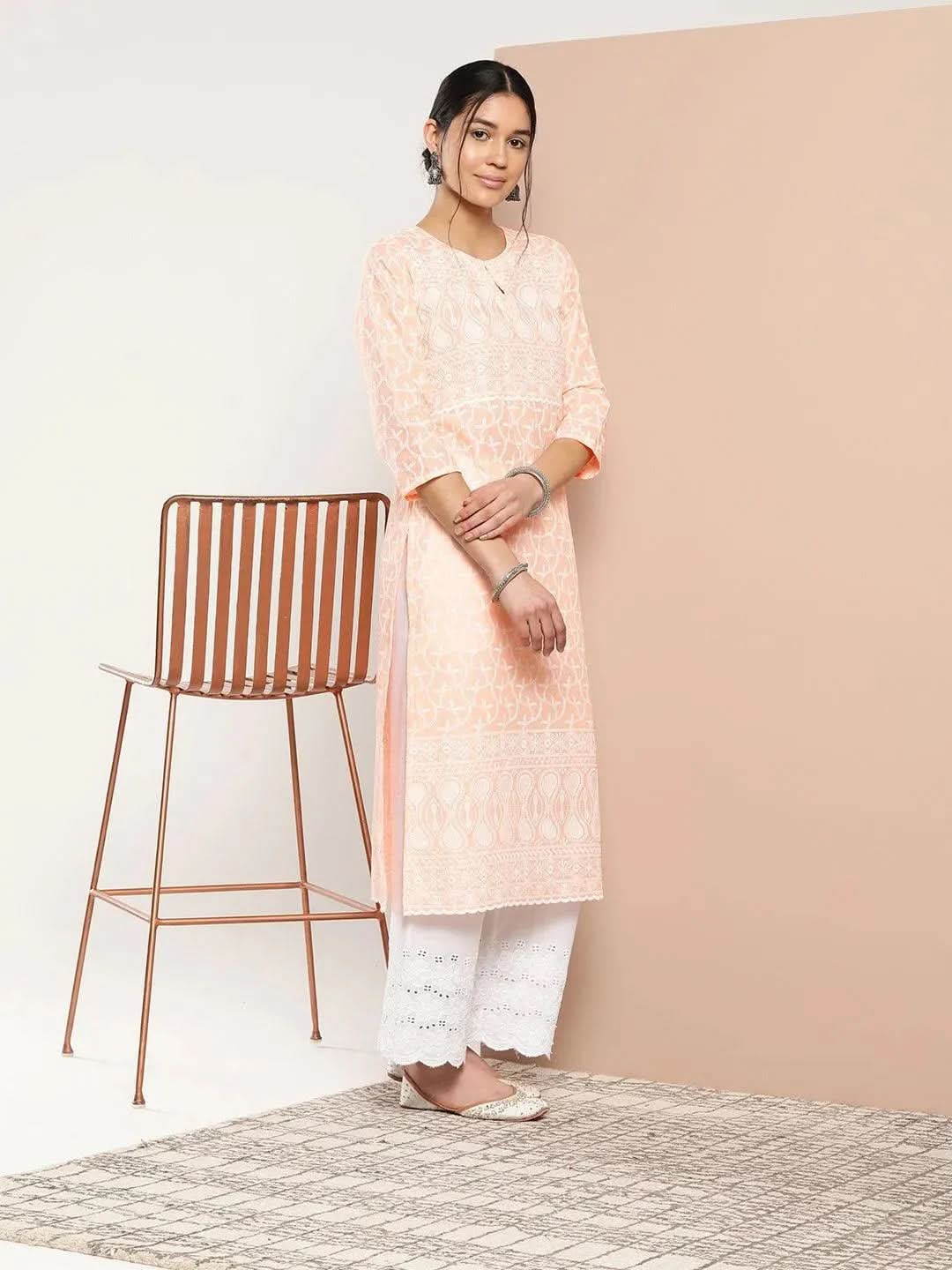 Peach Embroidered Cotton Straight Kurta - Libas